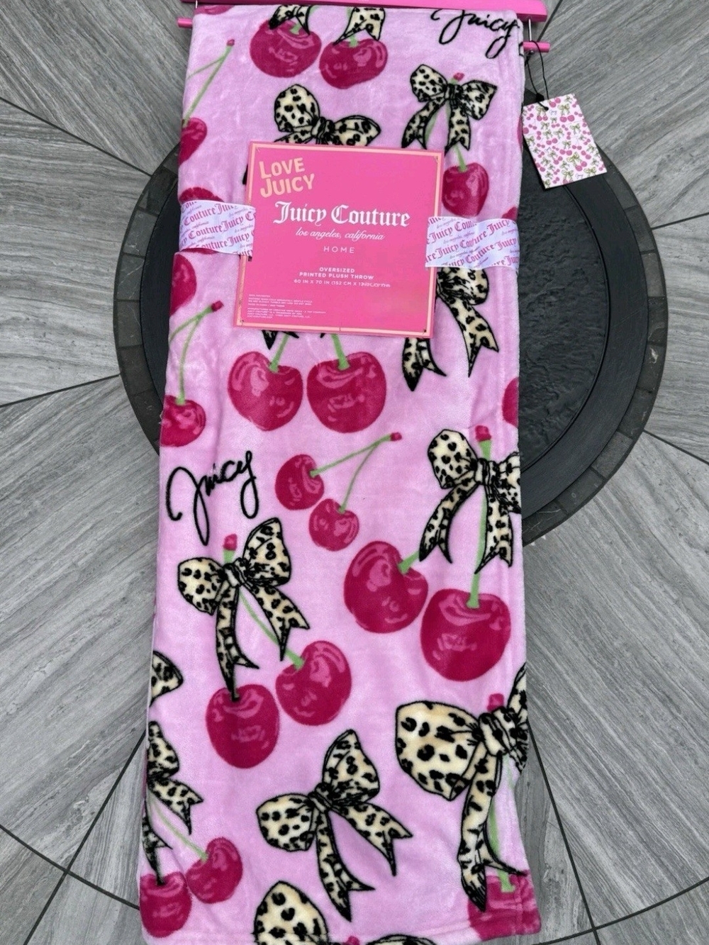 Juicy Couture Pink Cherry & Leopard Bow Plush Ovetsized Throw Blanket